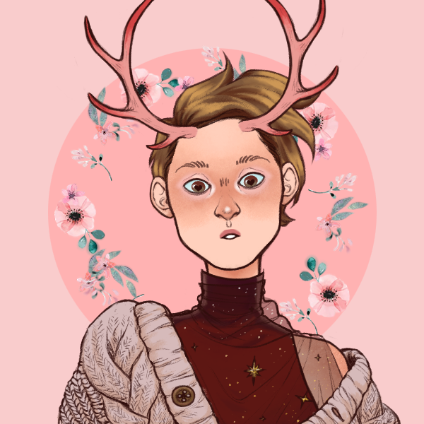 illustration of person with pink antlers on a pink background